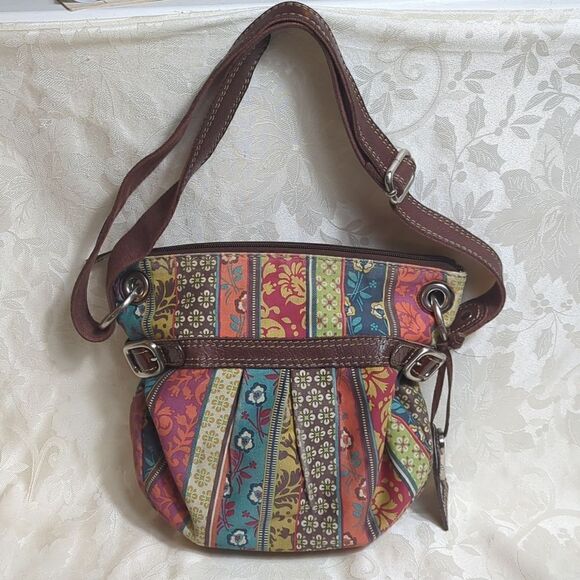 Fossil Brown Leather and Fabric Key Crossbody Boho Bag - Picture 1 of 9